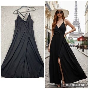 ININ jersey knit maxi dress XL plunging neckline cross straps leg slit stretchy